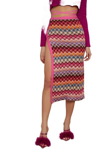 

geo print criss cross tie back split thigh skirt k6qb#, Black