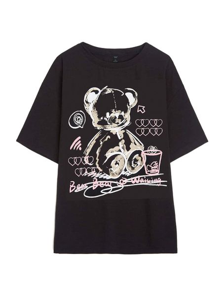 

plus bear & heart print tee d1ml#, Black
