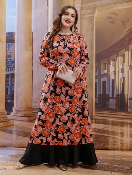 

plus allover floral print color block tie neck ruffle hem dress m81p#, Black