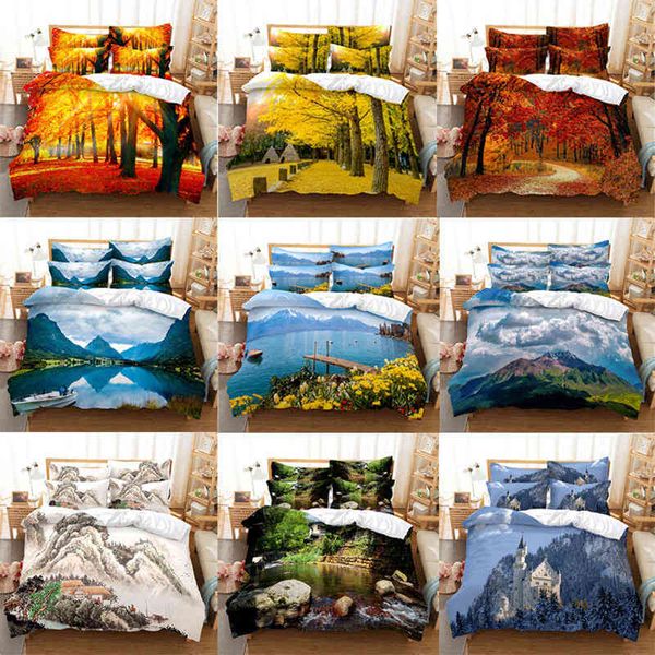 Set copripiumino foresta Dreamy Woodland Scene Bedding Misty Autumn Scenic Quilt con federe King Room Decor