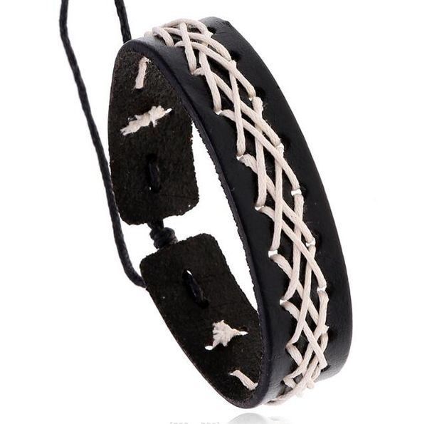 

nightclub hip hop man woman cowhide bracelet 16mm 100% genuine leather bracelet adjustable white wax thread weave, Golden;silver
