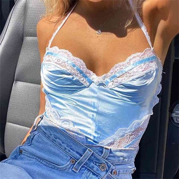 Tatchwork Blue White Lace Camisoles Mulheres Halter Halter Setin Satin Crop Top Mujer Slim Corset Sexy Backless Y2K Tanktop femme 210326