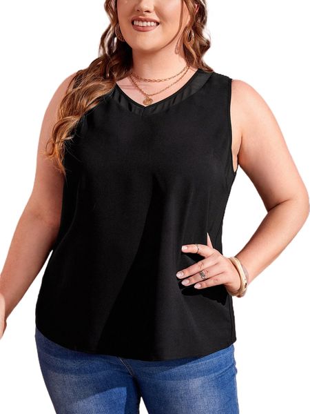 

emery rose plus v-neck solid tank e48l#, Black