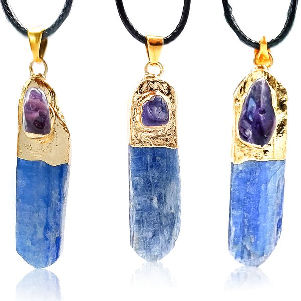 Unregelmäßige natürliche Kristallanhänger Kyanit blau Druzy Druse Inlay Amethyst Stein Halskette für Frauen
