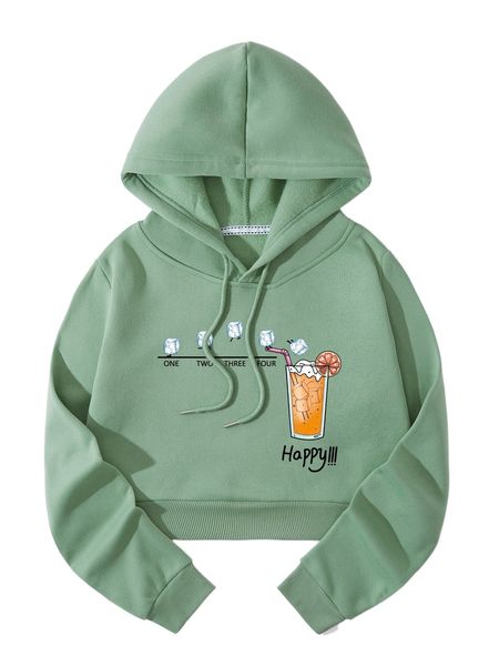 

juice and letter graphic thermal lined crop drawstring hoodie v2z6#, Black