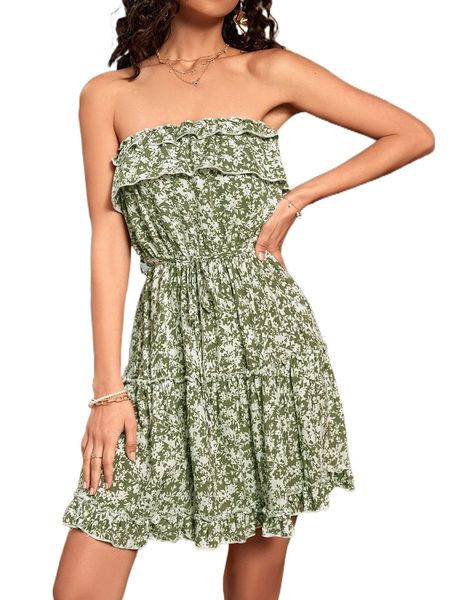

allover f.loral print frill trim belted tube d.ress w8hk#, Black;gray