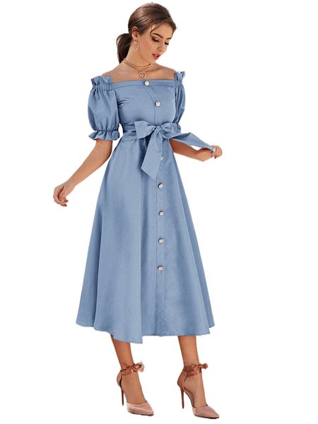 

off shoulder ruffle trim single breasted self belted dress p8nt#, Black;gray