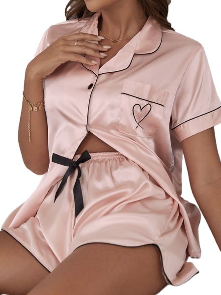 

1 set heart embroidery contrast binding satin pj set z9sh#, Black;red
