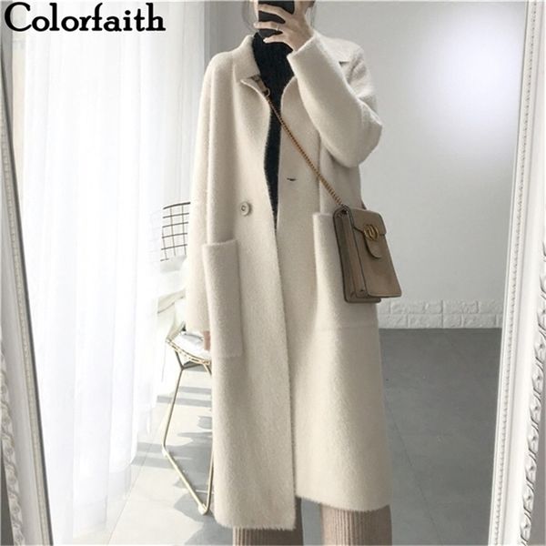 

colorfaith autumn winter women jackets warm korean style office lady elegant long coat outerwear wool blends jk3123 201215, Black