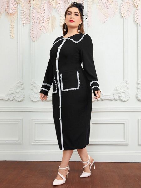 

plus dual pocket lace trim split back bodycon dress o3xu#, Black