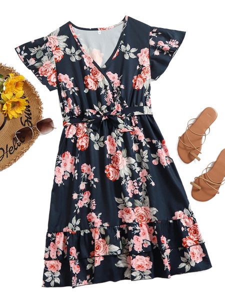 

floral print butterfly sleeve knot front layered hem dress 59ip#, Black;gray