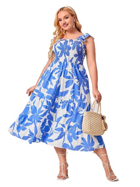 

plus 1pc all over floral print shirred ruffle hem dress a9ax#, Black