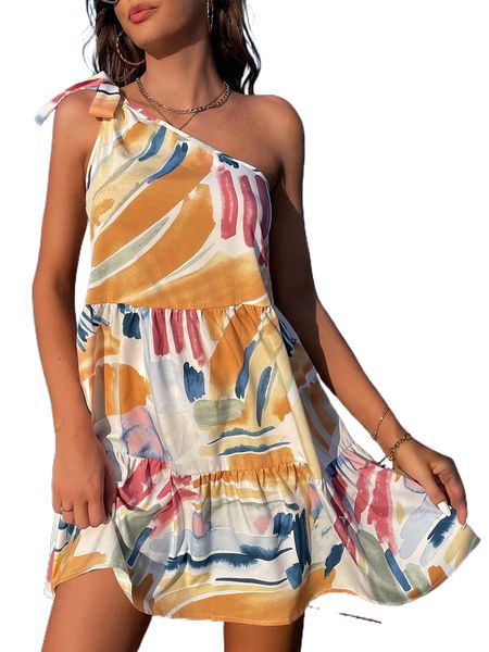 

graphic print one shoulder knot side ruffle hem dress b7sb#, Black;gray