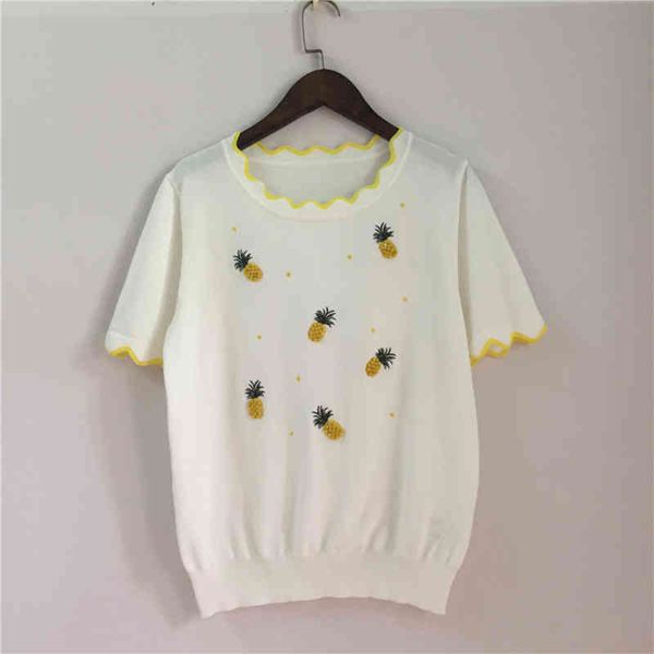 

women's knits tees summer round neck short korean ice silk women's wear heavy industry embroidery nail bead pineapple sleeve sweat, White