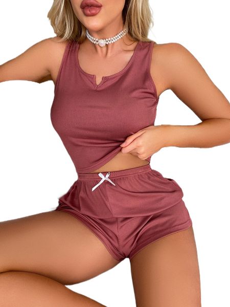 

notched neckline tank & bow front shorts lounge set x8xl#, Black;red