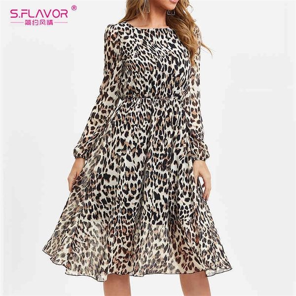 

s flavor leopard print o neck chiffon dress for women 2021 spring long sleeve party dress clothes summer casual beach dress 210322, Black;gray
