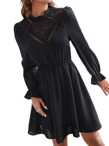 

guipure lace insert flounce sleeve a-line dress h79b#, Black;gray