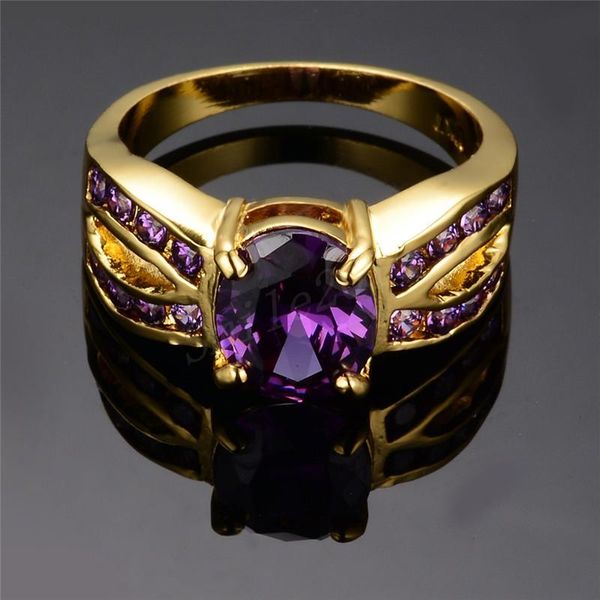 Fedi nuziali Elegante anello femminile in pietra di cristallo viola in oro giallo 18KT Grande per le donne Anello di fidanzamento con zircone ovale di lussoNozze