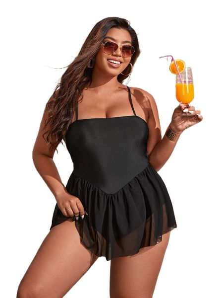 

plus lace up backless mesh hem one piece swimsuit c3es#, White;black