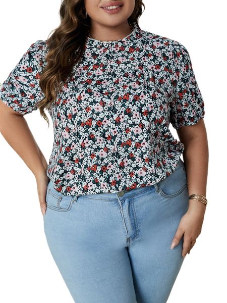 

plus ditsy floral puff sleeve frill neck blouse n7vm#, Black