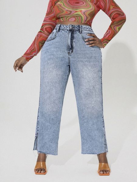 

plus split hem washed jeans 99lu#, Blue