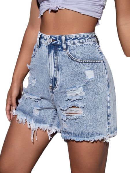 

high waist ripped raw hem denim shorts n3vn#, White;black