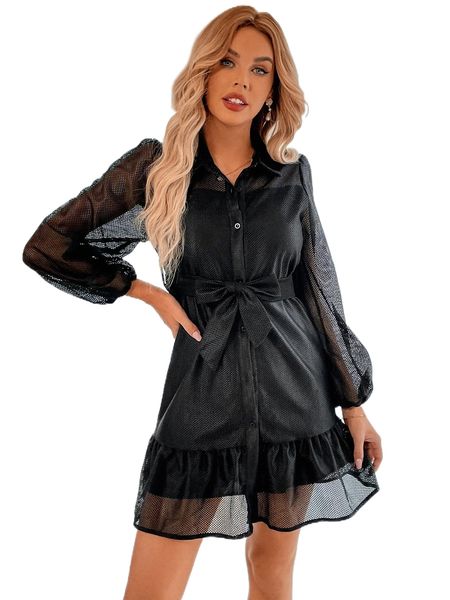 

lantern sleeve ruffle hem belted mesh shirt dress h1be#, Black;gray