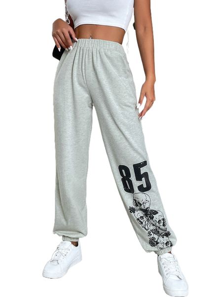 

skull & number print sweatpants 24jn#, Black;white