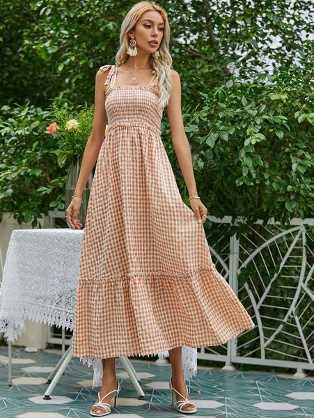 

gingham shirred tie shoulder cami dress c5rb#, Black;gray