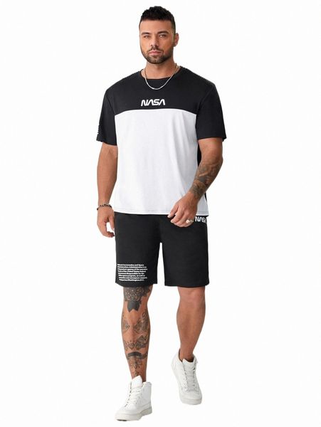 

extended sizes men color block letter graphic tee & shorts b2s8#, Gray