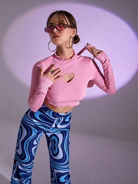 

heart cutout lettuce trim crop tee k8c6#, White