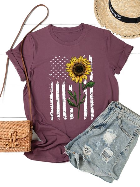 

plus american flag & floral print tee r5va#, Black
