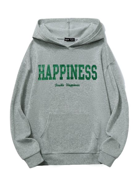 

letter graphic kangaroo pocket thermal lined hoodie e7kr#, Black