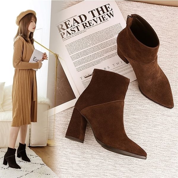 

women ankle boots genuine leather plus size 22265 cm feet length ankle boots pointed toe side zipper winter shoes women 201106, Black