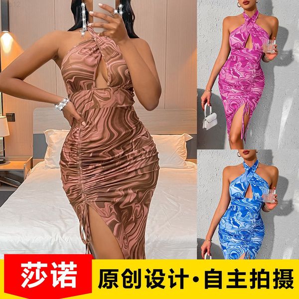 

designer designer2022 summer new print skirt women's split back halter dress 2022, Black;gray