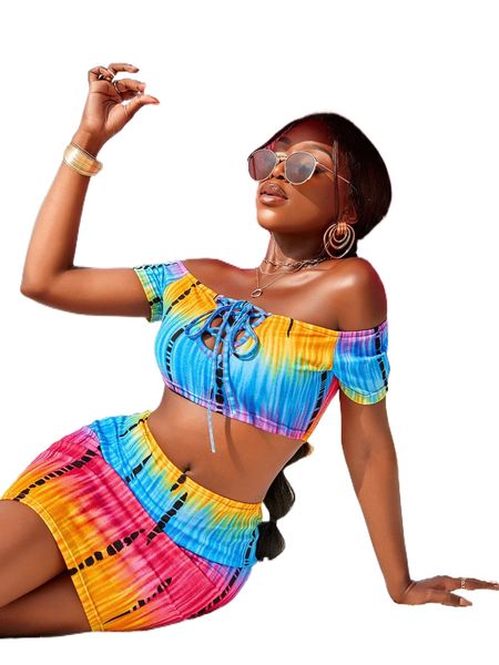 

sxy tie dye off shoulder lace up front crop & skirt p7al#, White
