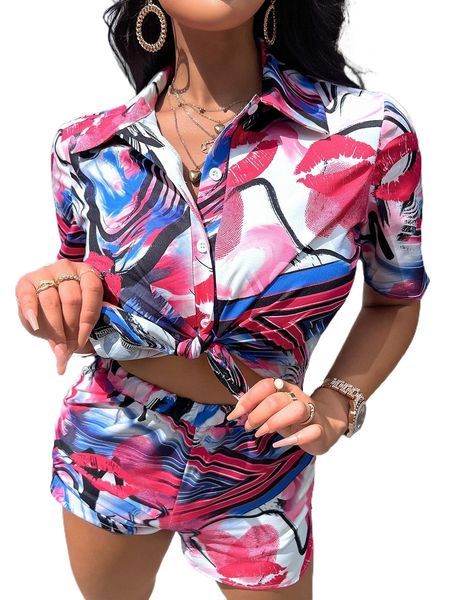 

random lips button through blouse & shorts h1uy#, White