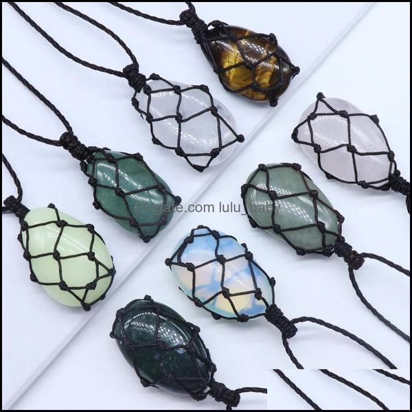 

pendant necklaces healing crystal oval natural stone weave net bag charms green pink opal rope chain necklace baby dhdvw, Silver