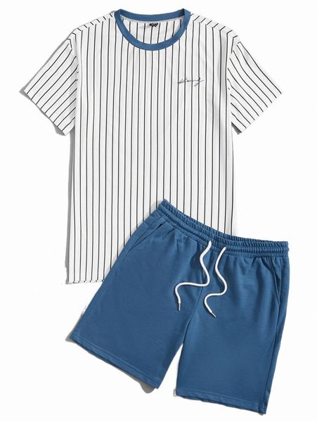 

men embroidery letter striped & track shorts set b4af#, Gray