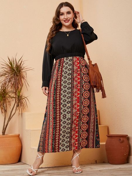 

plus floral and geo print dress z18o#, Black