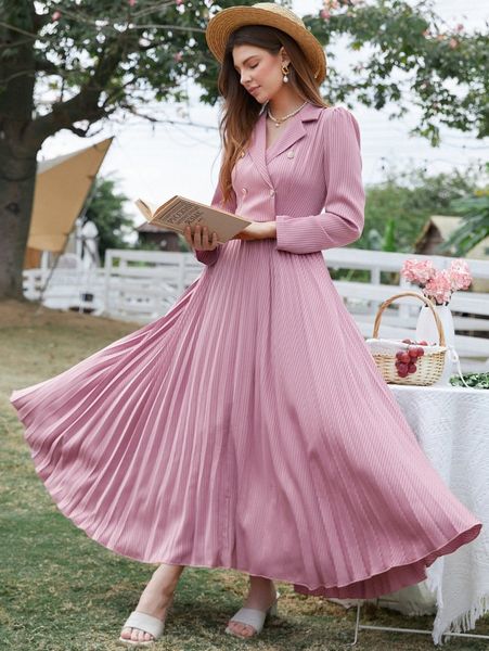 

lapel collar puff sleeve pleated hem satin dress w74k#, Black;gray