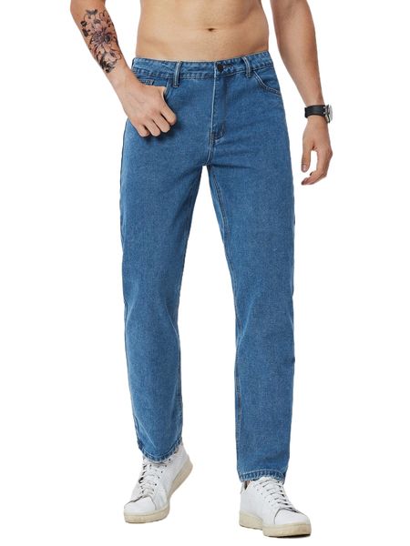 

men slant pocket straight leg jeans 68ne#, Blue