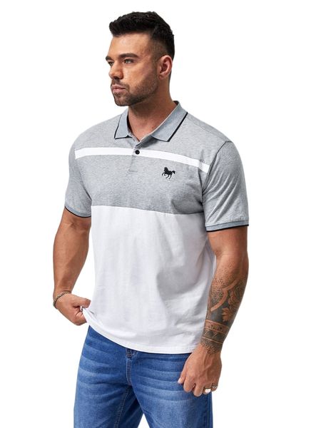 

extended sizes men horse embroidered colorblock polo shirt o0tg#, White;black