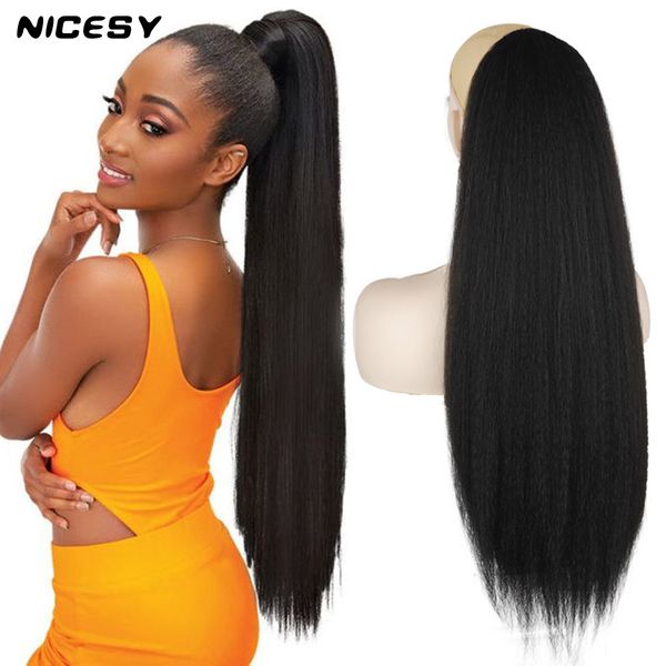 

costume accessories synthetic kinky straight long hair extension clip black 24inch hairpieces with elastic band comb yaki drawstring ponytai, Silver