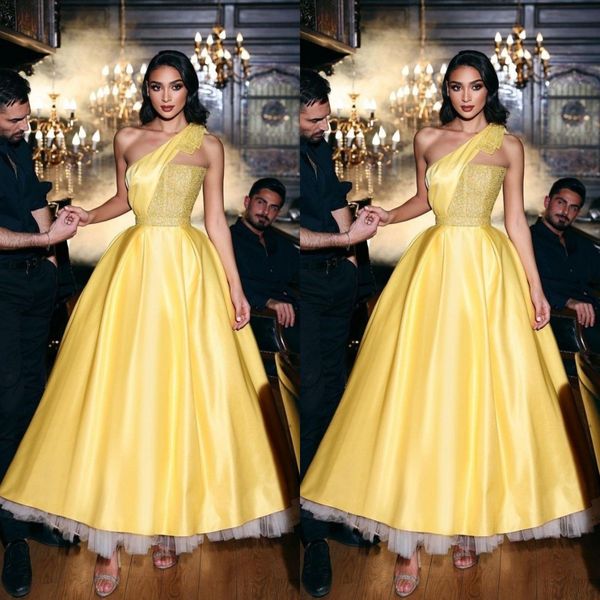 Bir omuz sarı balo elbiseleri kadınlar için 2022 saten gece elbise kokteyl parti elbisesi bayanlar resmi kıyafetler