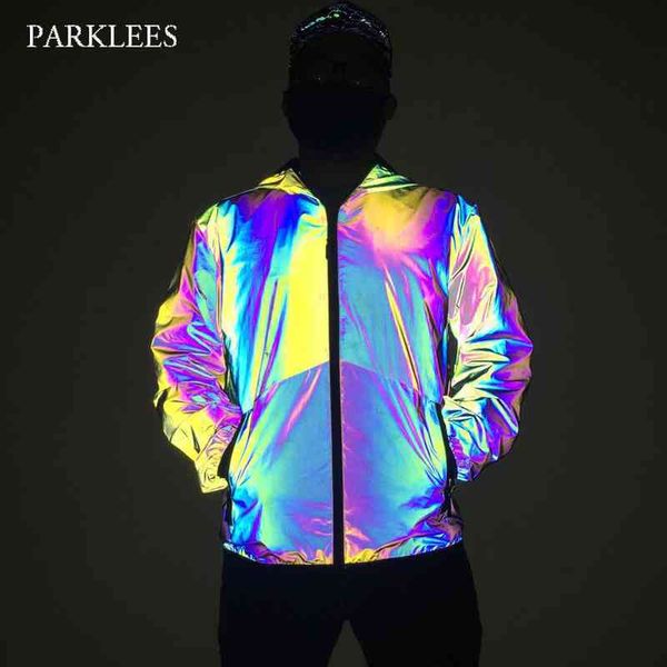 

parklees mens rainbow reflective hooded jacket 2022 brand zipper noctilucent night sporting coat hip hop fluorescent clothing, Black;brown