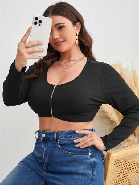

plus scoop neck zip up crop i9qi#, Black