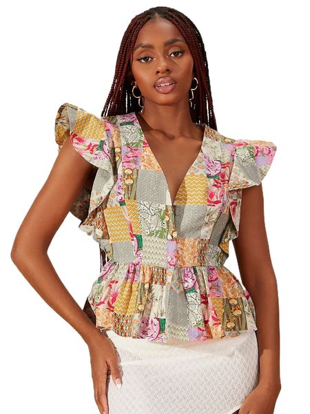 

newness patchwork print flutter sleeve peplum hem blouse l971#, White