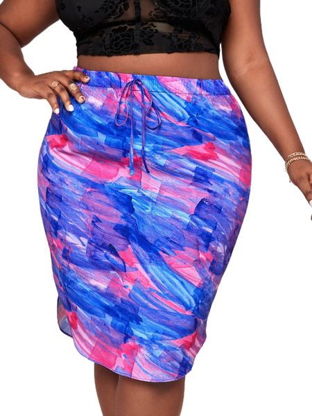 

x annelie mckenzie plus brush print curved hem skirt u2h9#, Black
