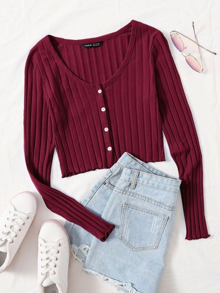 

buttoned front lettuce trim rib-knit w9iv#, White